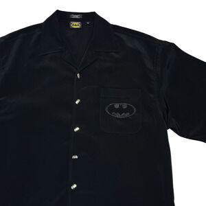Warner Bros 2001 Batman Camp Shirt Men L Black Short Sleeve Bat Buttons Y2K Goth